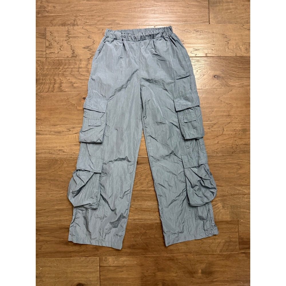 Gold Hinge Cargo Pants Women S Blue Nylon Metallic Wide Leg Relaxed Streetwear